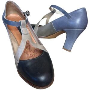 Neonsens Black Gray Leather T-Strap Heel Pumps Shoes Women's Size 37 US 6.5/7